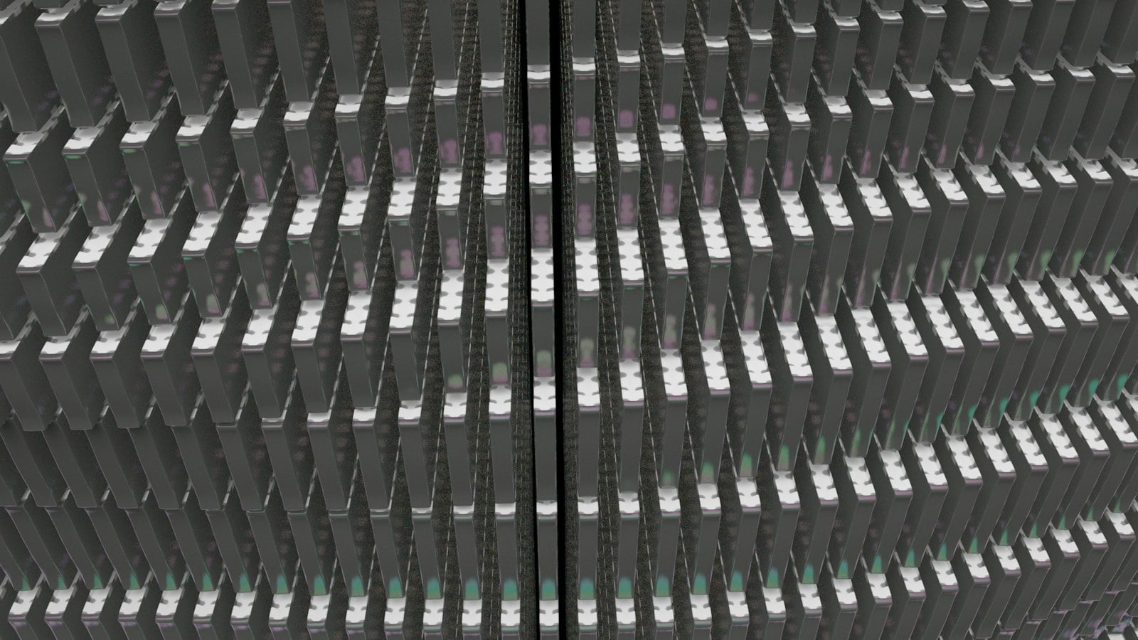 A 3D render of a dense grid of dark rectangular server blades in a data center