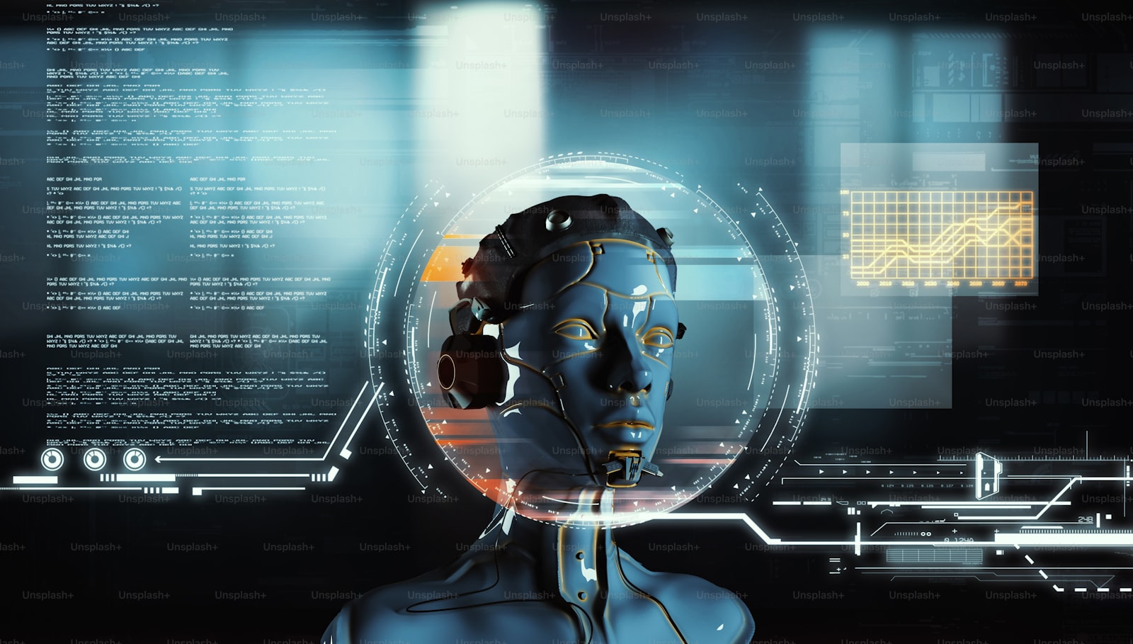 Futuristic robot analyzing data across multiple screens representing the next generation of autonomous marketing intelligence