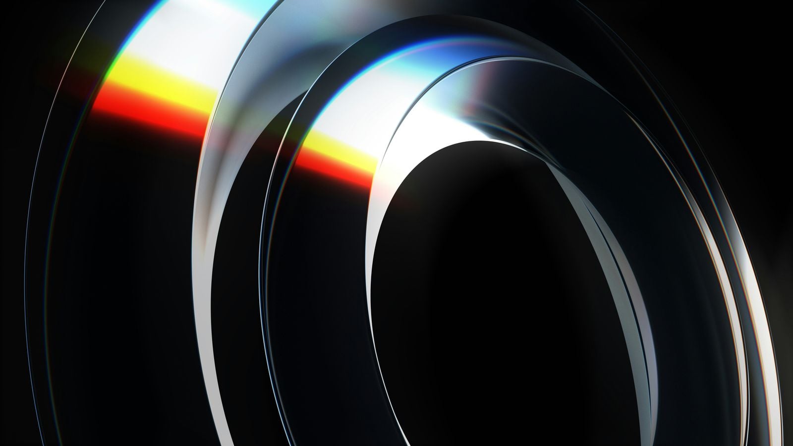 Abstract swirling metallic shapes with rainbow light reflection