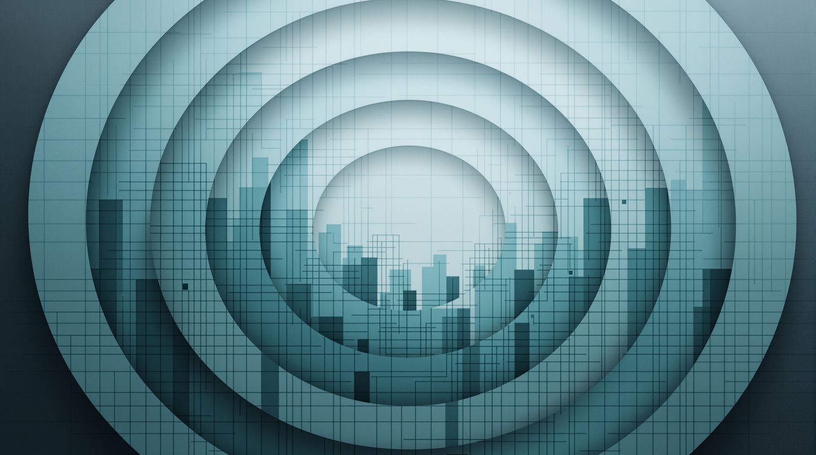 Concentric geometric grids in muted teal and charcoal representing workflow complexity